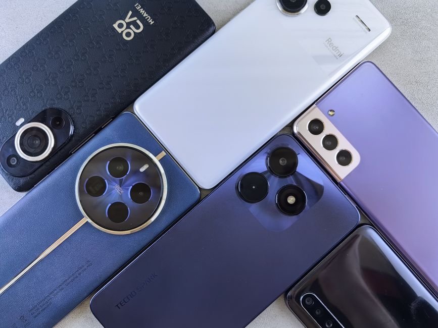 Overhead view of different smartphone camera module layouts and sensors