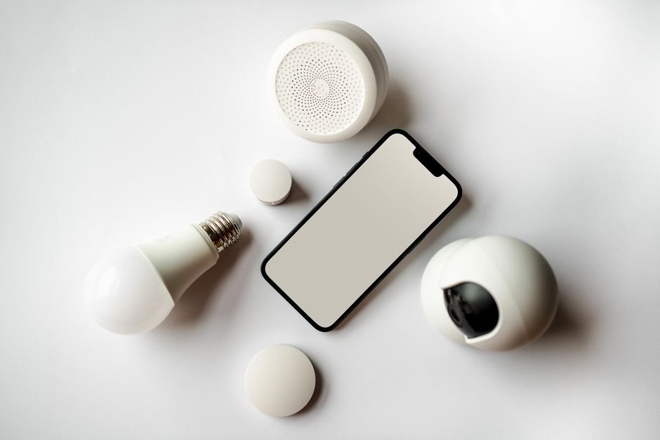 Modern smart home automation layout with connected mobile app and IoT devices